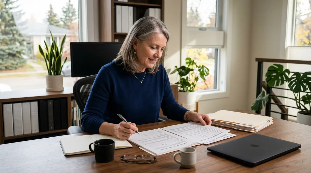 Landlord reviewing an Alberta residential lease agreement and tenant documentation