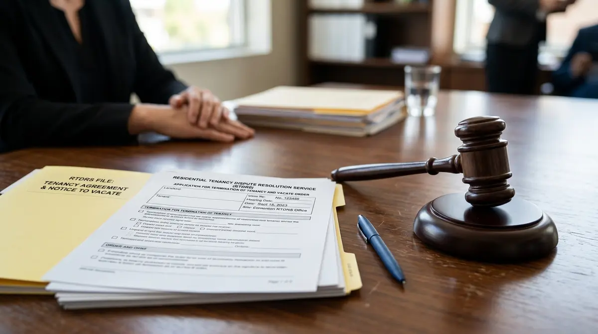 Gavel and legal documents representing the Alberta RTDRS eviction process