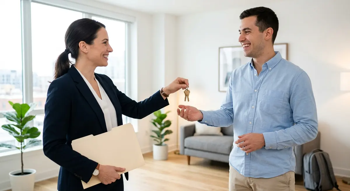 Property manager handing over keys to a thoroughly screened new tenant