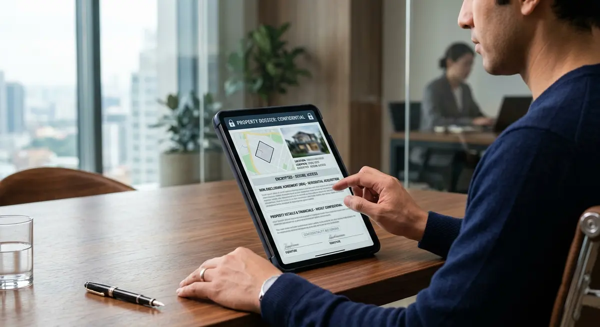 A secure digital tablet displaying encrypted real estate property details and non-disclosure agreements