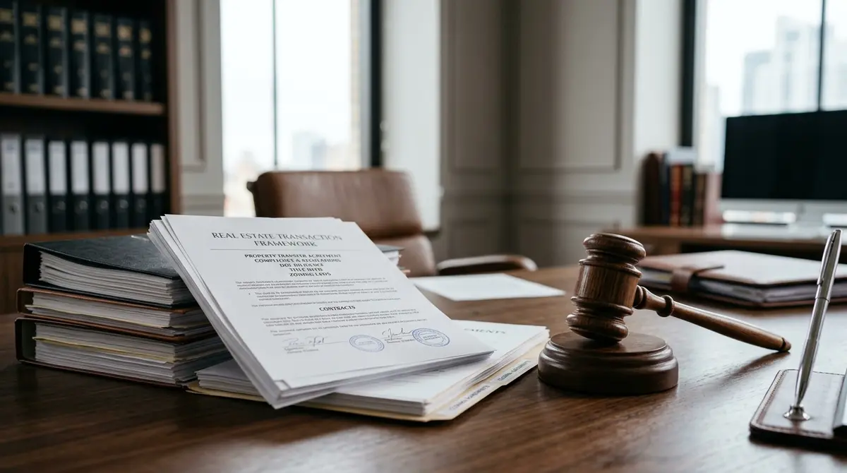 Legal documents and a gavel resting on a desk, representing the regulatory framework of real estate transactions