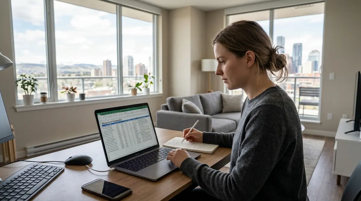 A tenant reviewing a spreadsheet of comparable rental properties on a laptop in a modern Alberta apartment