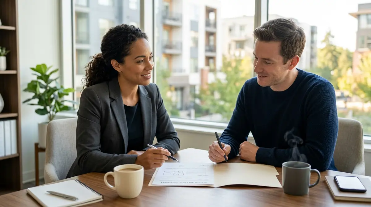 A professional meeting between a tenant and a property manager discussing lease terms over coffee