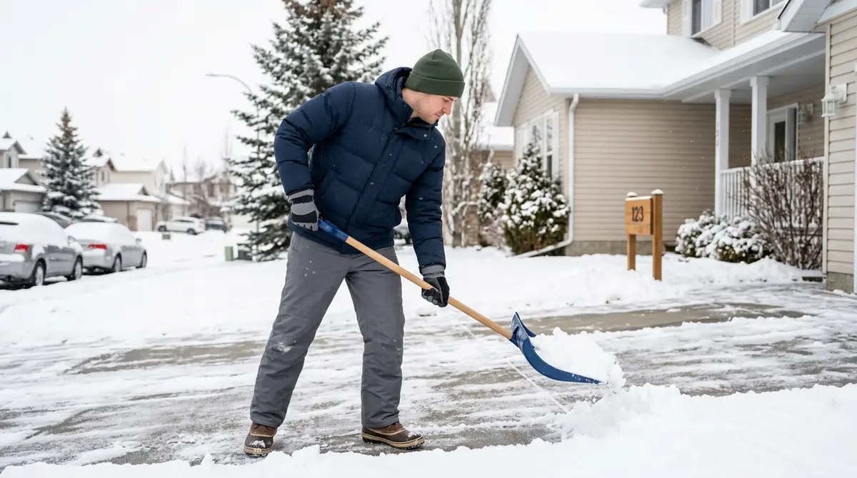 A tenant shoveling snow from the driveway of an Alberta rental home, demonstrating property care