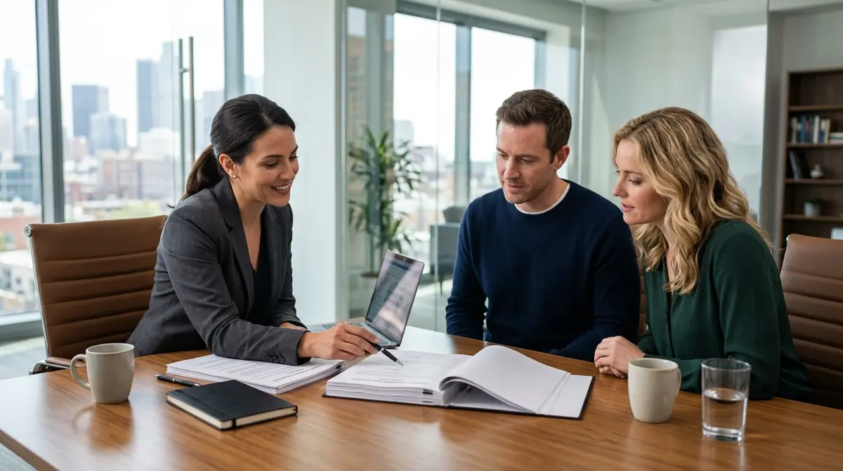 Real estate attorney reviewing property transaction documents with clients in a modern office