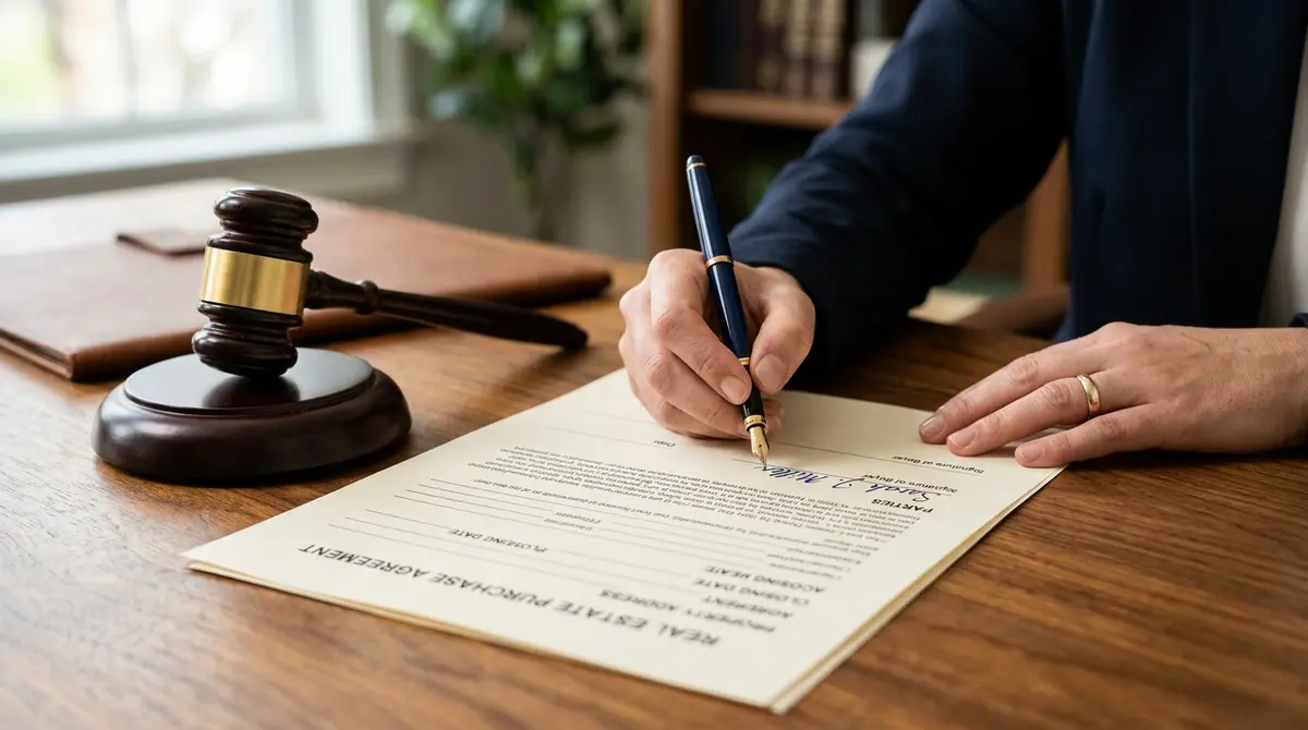 Close up of a real estate contract being signed with a fountain pen next to a wooden gavel