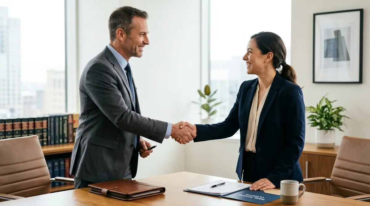 Client shaking hands with their real estate lawyer after successfully closing a property deal