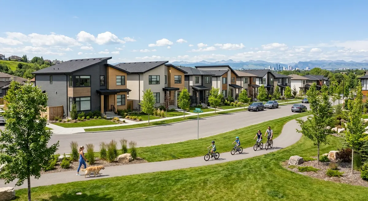 Modern residential neighborhood in Calgary Alberta featuring new construction homes and green spaces
