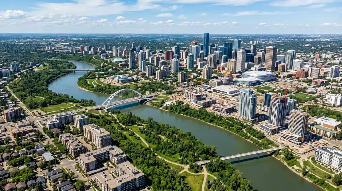 Aerial view of Edmonton skyline showcasing urban development and real estate growth along the river valley