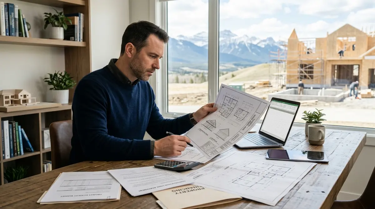 Real estate investor reviewing property financing documents and blueprints for a new home build in Alberta