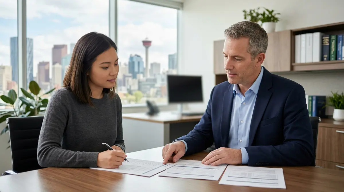 The Complete Guide to Alberta Mortgage Rates: Securing the Best Financing in 2026 3 Homebuyer reviewing mortgage application documents with a financial advisor in Calgary
