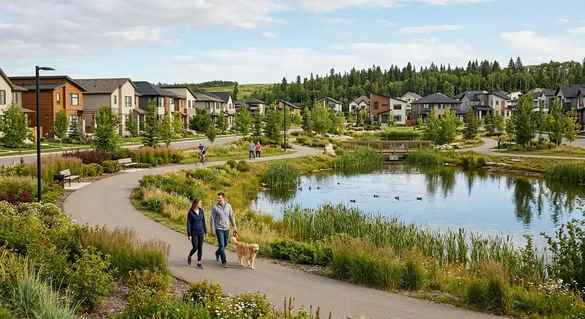 Modern master-planned community in Alberta featuring integrated walking trails and a central stormwater pond