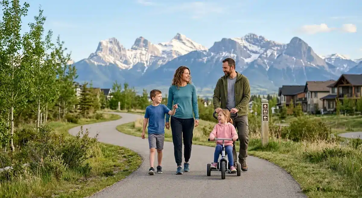 Family enjoying a paved walking trail in an Alberta neighborhood with the Rocky Mountains in the background