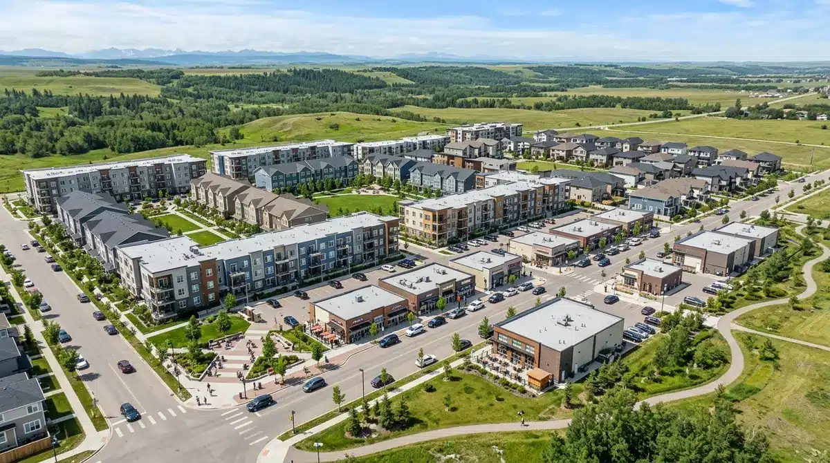 Aerial view of a mixed-use residential development in Alberta showing commercial spaces integrated with housing