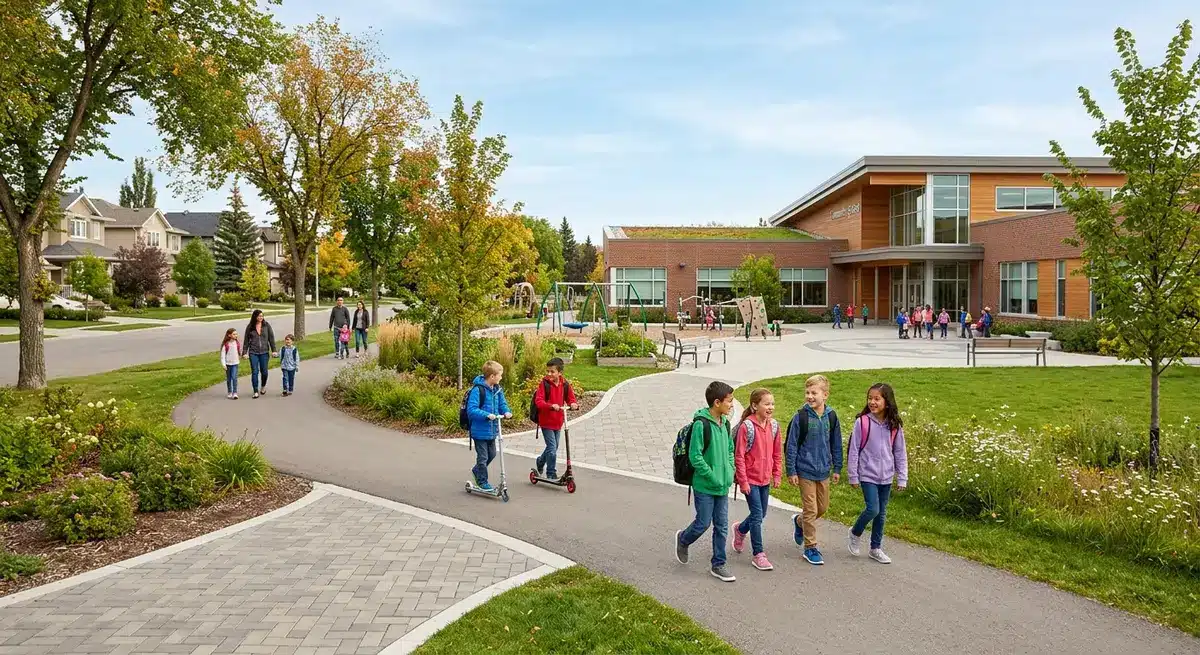 Modern elementary school campus in an Alberta neighborhood featuring walkable pathways and green spaces