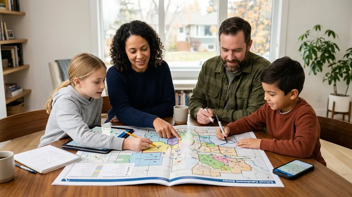 Family reviewing a map of Alberta school catchment zones and neighborhood amenities