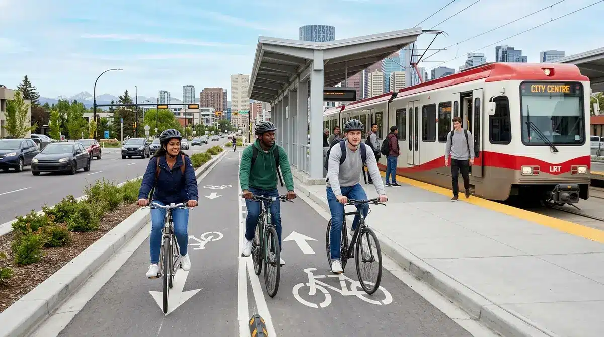Students utilizing safe, multi-modal transportation including bike lanes and light rail transit in Alberta