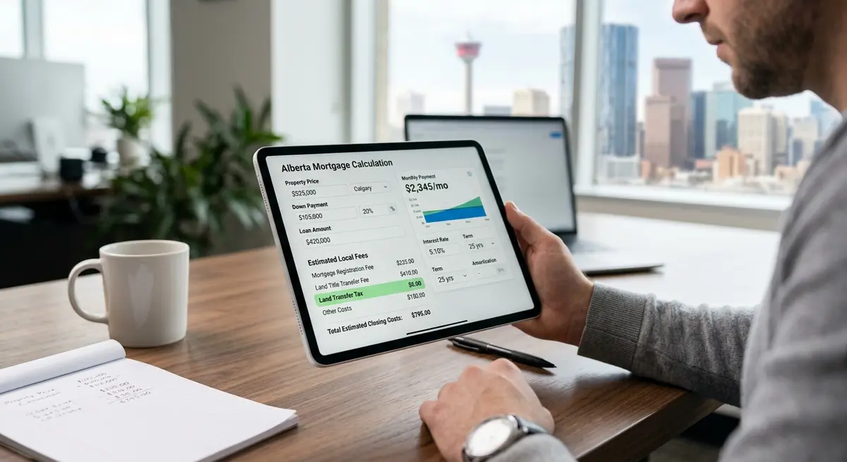 A digital tablet displaying an Alberta-specific mortgage calculation with a breakdown of local registration fees and zero land transfer tax