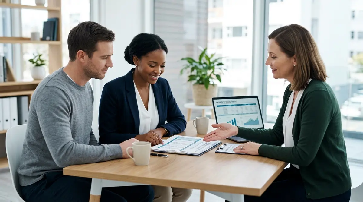A family reviewing their mortgage payment schedule and interest rate options with a financial advisor