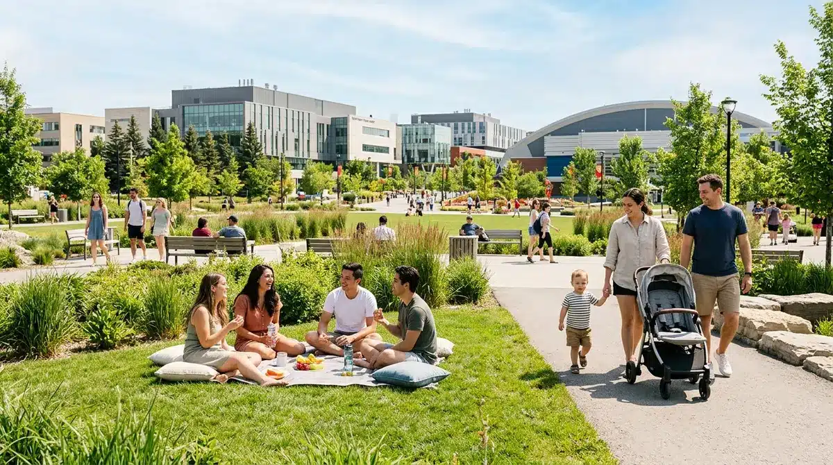 Residents enjoying a sunny day at a community park in the University District with the University of Calgary campus in the background