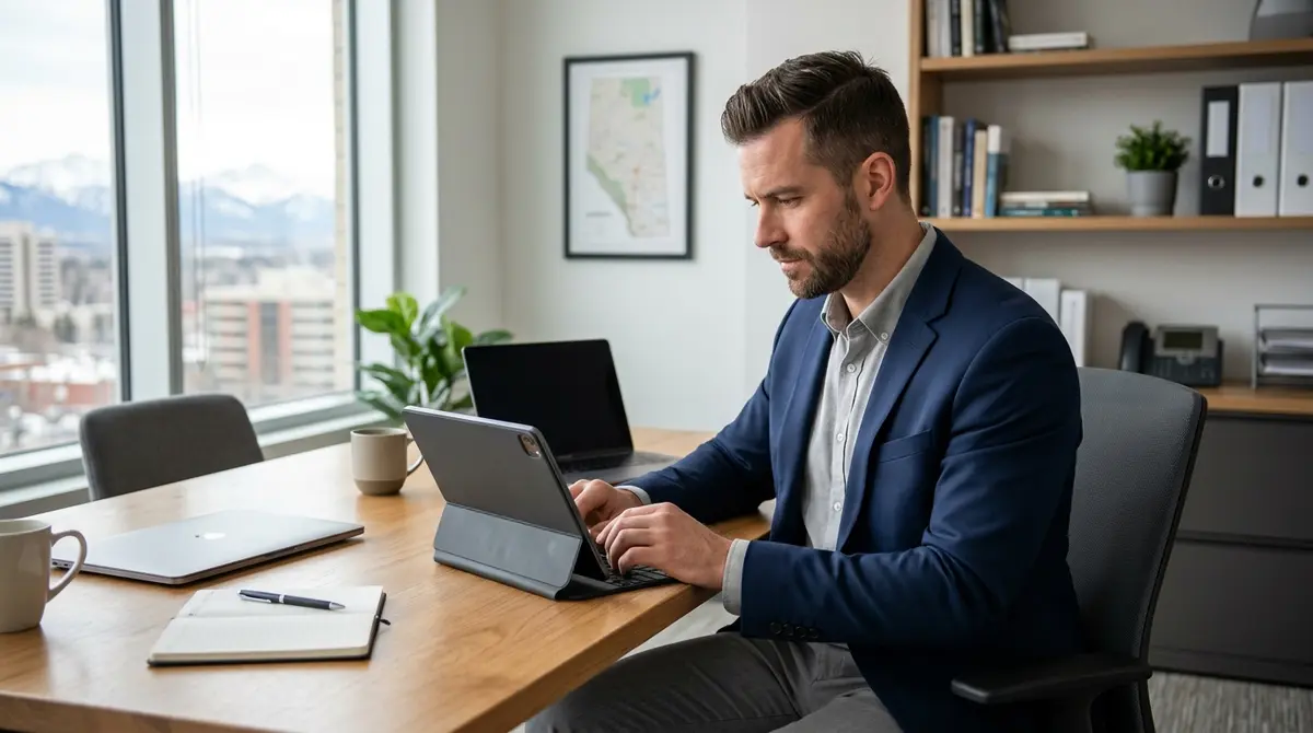 A property investor reviewing digital expense tracking dashboards on a tablet in an Alberta office