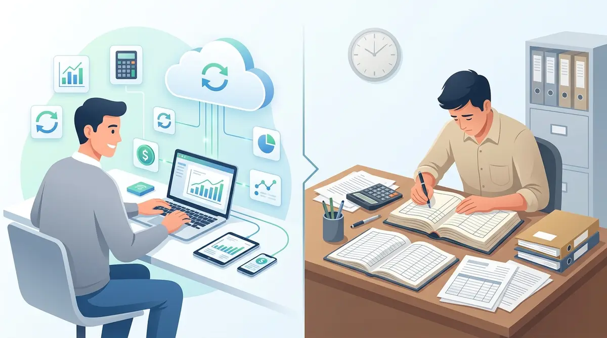 Comparison chart showing the efficiency of cloud-based accounting software versus manual ledger tracking