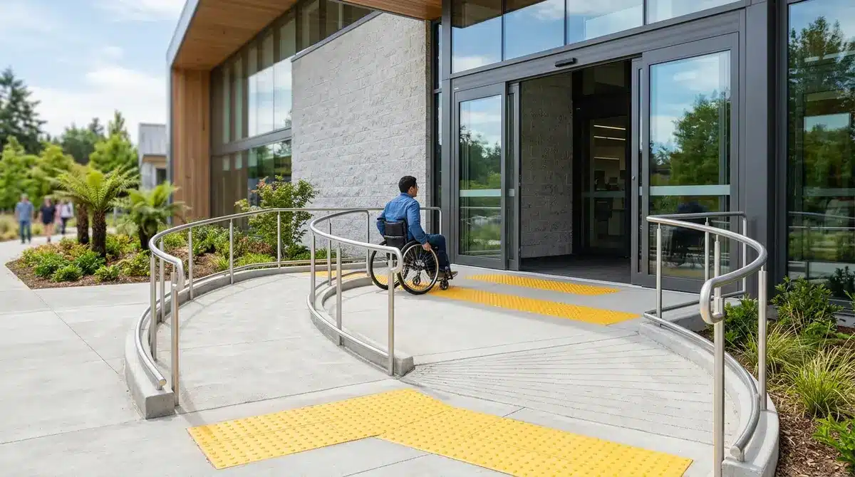 Accessible building entrance featuring a gentle slope ramp, automated wide doors, and tactile walking surface indicators