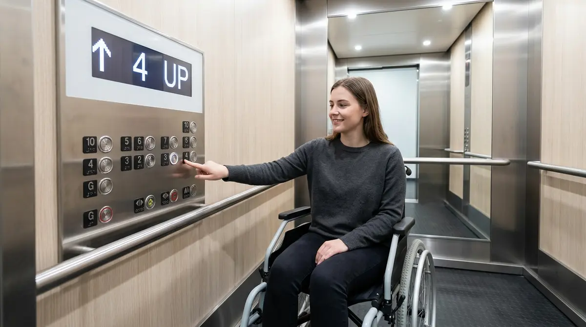 Interior of a barrier-free elevator showing lowered control panels, braille buttons, and a digital floor display