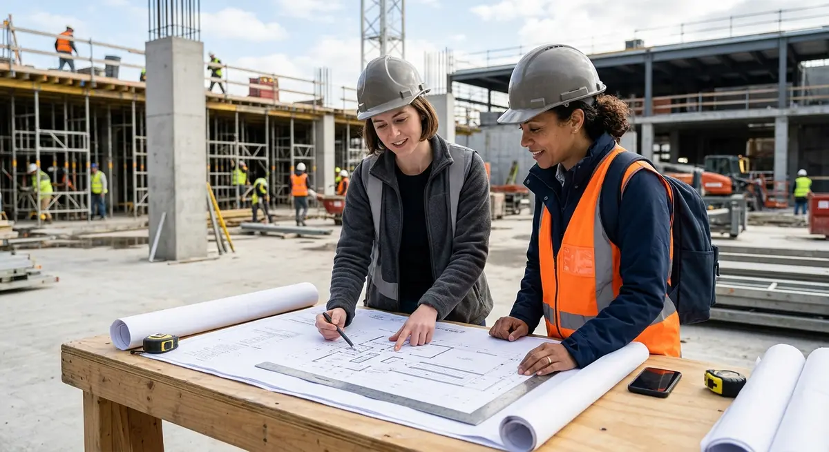 Architect and accessibility consultant reviewing building blueprints on a construction site