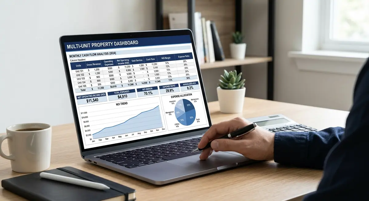 Detailed multi-unit property cash flow spreadsheet dashboard showing net operating income and expense ratios