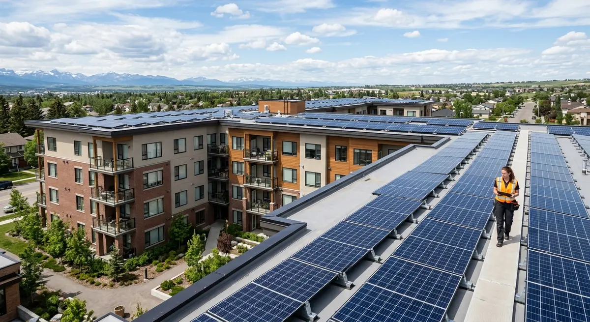 Commercial photovoltaic panels installed on a multi-unit residential building in Alberta