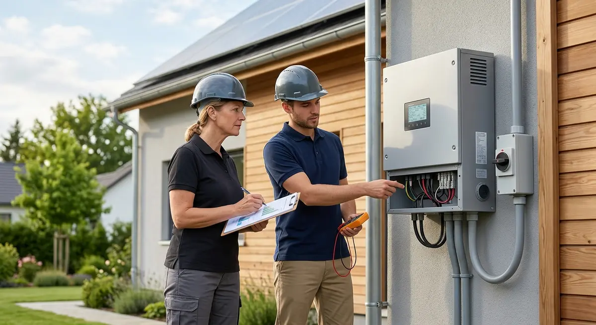 Certified energy advisor inspecting a solar inverter installation for federal mortgage compliance