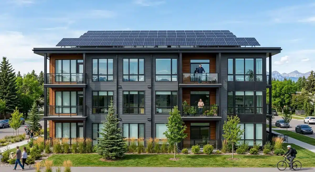 Modern Alberta multi-unit building featuring rooftop solar panels and high-efficiency windows