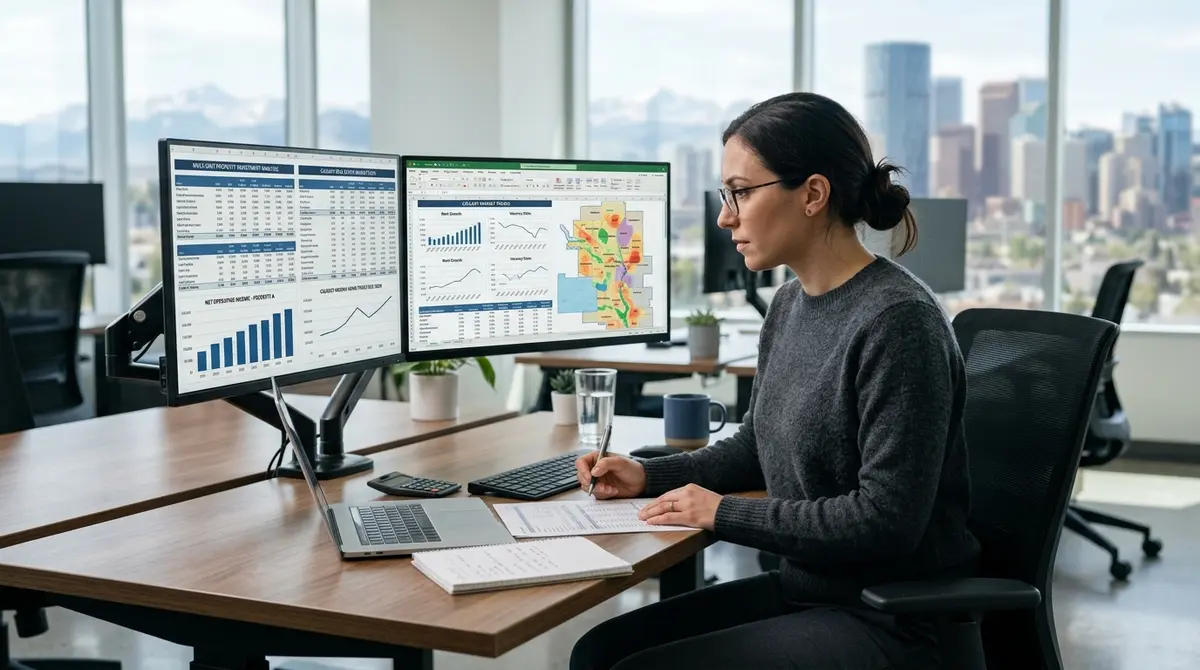Financial analyst reviewing multi-unit property investment spreadsheets and Calgary real estate market data