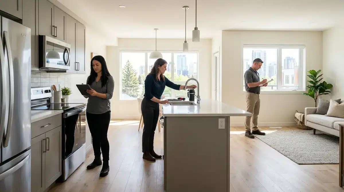 Property management team conducting a maintenance inspection in a newly renovated Calgary rental unit