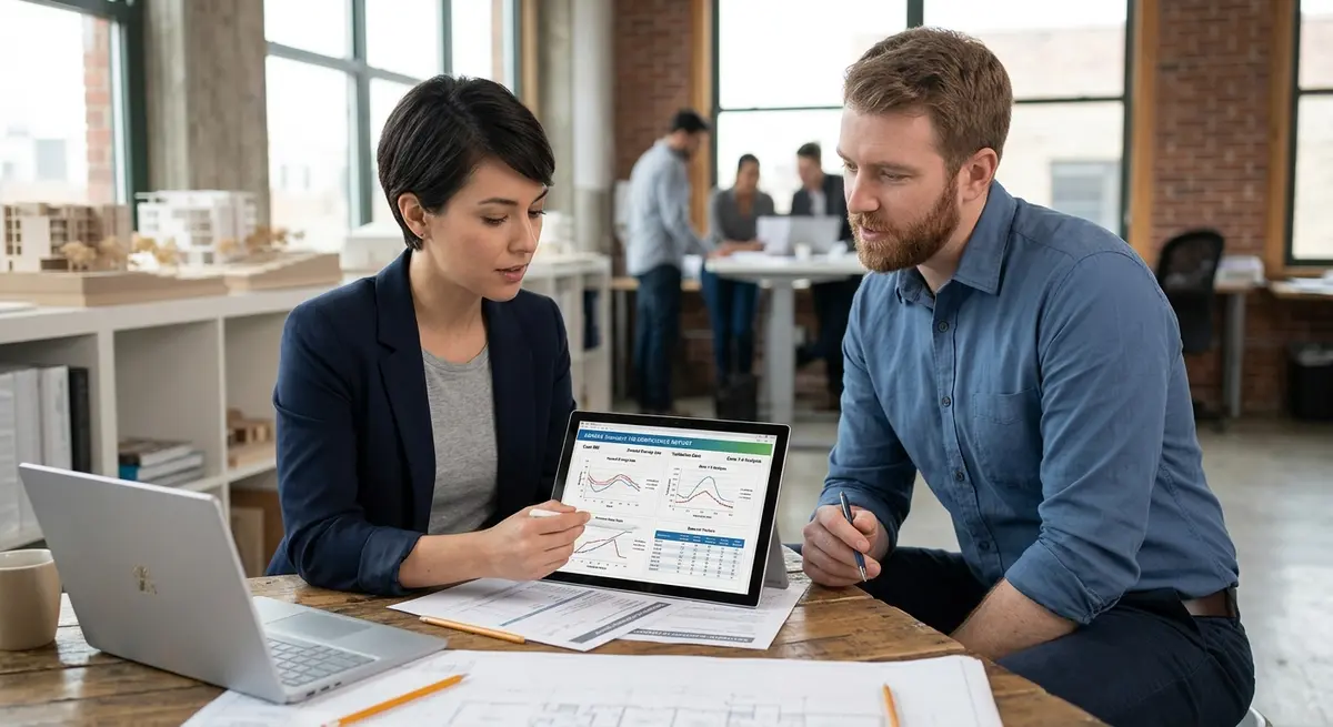 Architect and energy modeler reviewing ASHRAE Standard 140 compliance documentation on a digital tablet