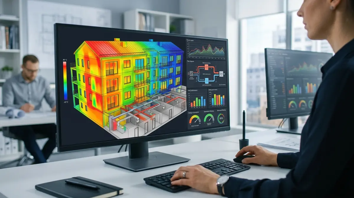 Detailed 3D energy model of a multi-unit residential building showing thermal performance and HVAC efficiency
