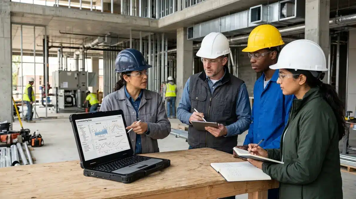 Professional engineering team reviewing building commissioning data and HVAC performance metrics on a construction site