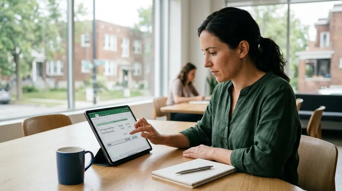 Real estate investor calculating multi-unit property application fees on a tablet