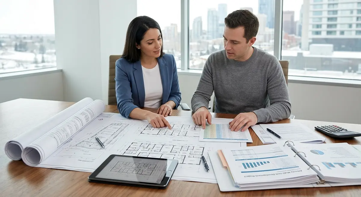 Architectural blueprints and financial documents for an Alberta multi-unit development