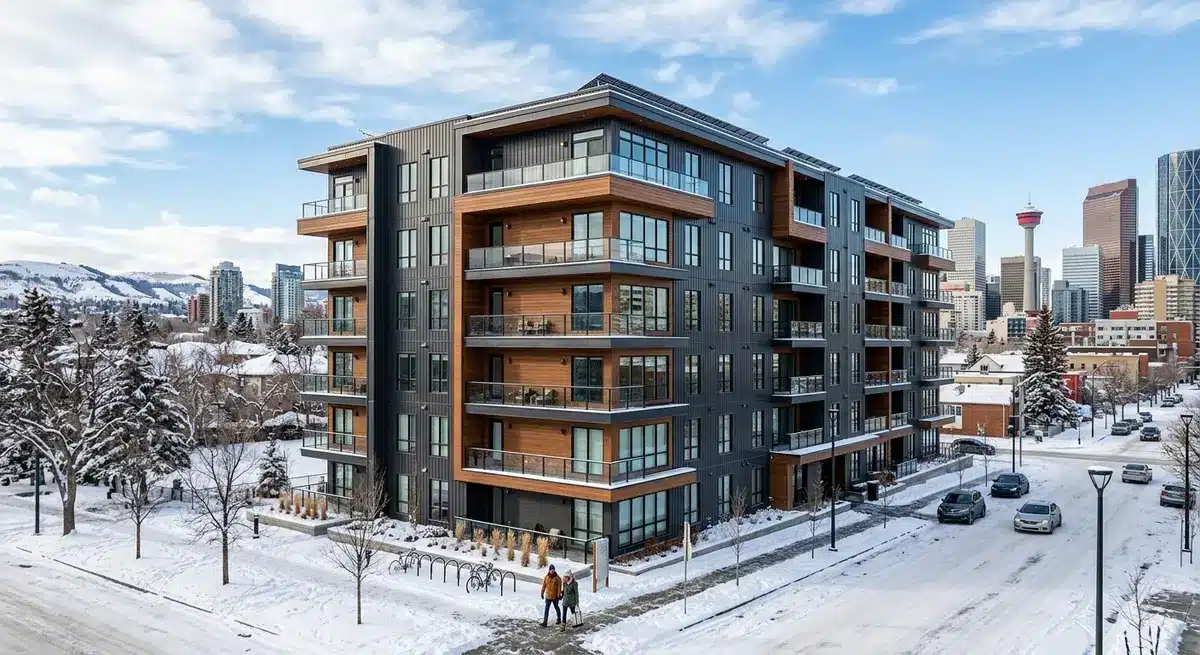 Modern energy-efficient multi-family apartment building in downtown Calgary during winter