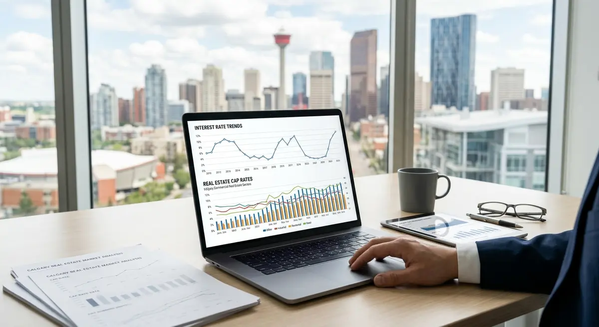 Financial charts showing interest rate trends and real estate cap rates in Calgary
