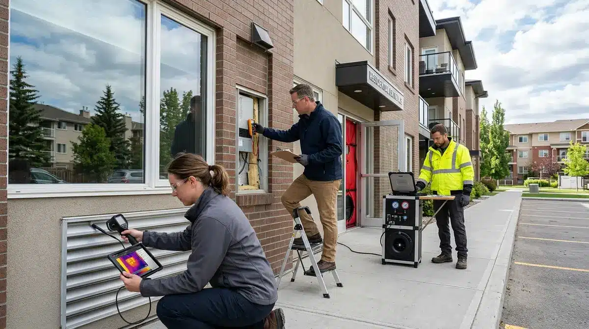 Contractors performing an energy efficiency audit on a Calgary multi-family property