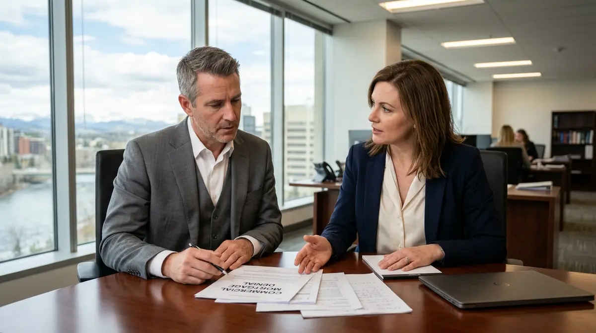 Real estate investor reviewing commercial mortgage denial documents with a financial advisor in Alberta