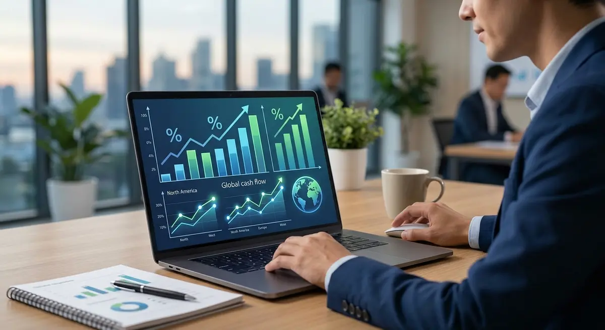 Financial charts showing improved debt coverage ratios and global cash flow for real estate investments