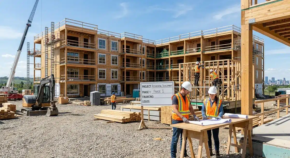 Construction site of a multi-unit residential building in Alberta with financing approved
