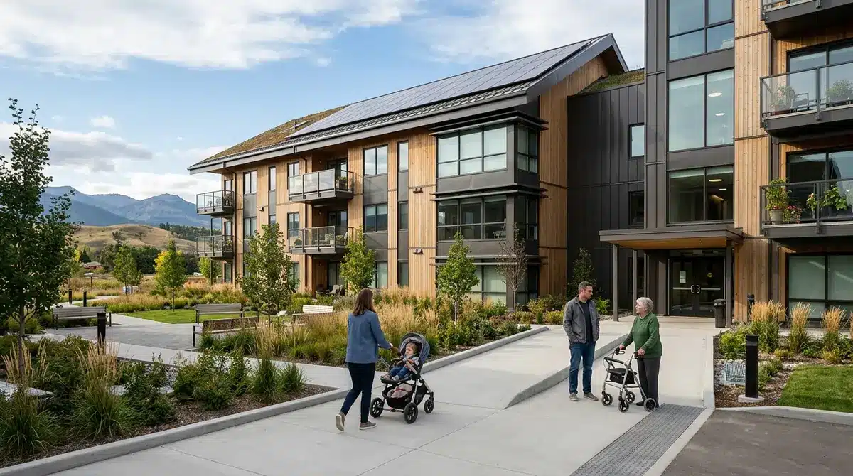 A modern multi-unit residential building in Alberta showcasing energy-efficient design and accessible infrastructure