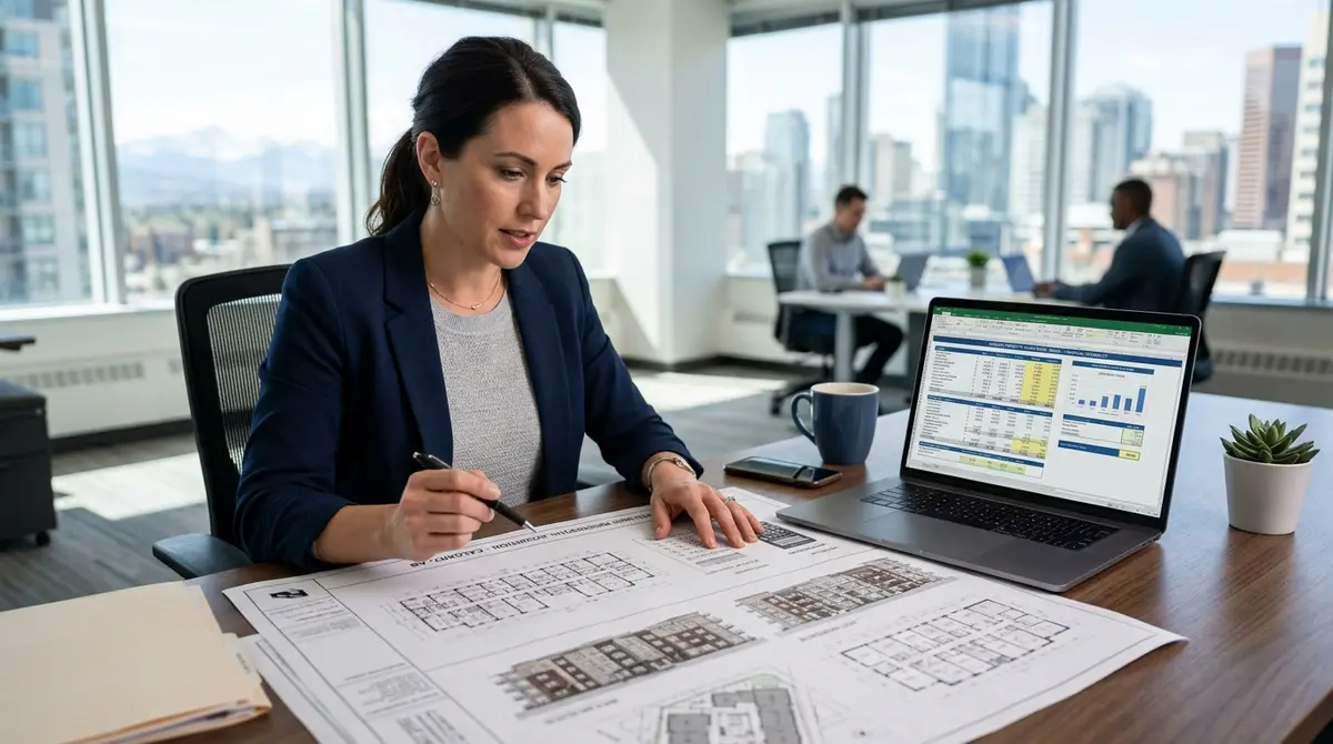 A real estate investor reviewing financial models and architectural blueprints for a multi-unit property acquisition in Alberta