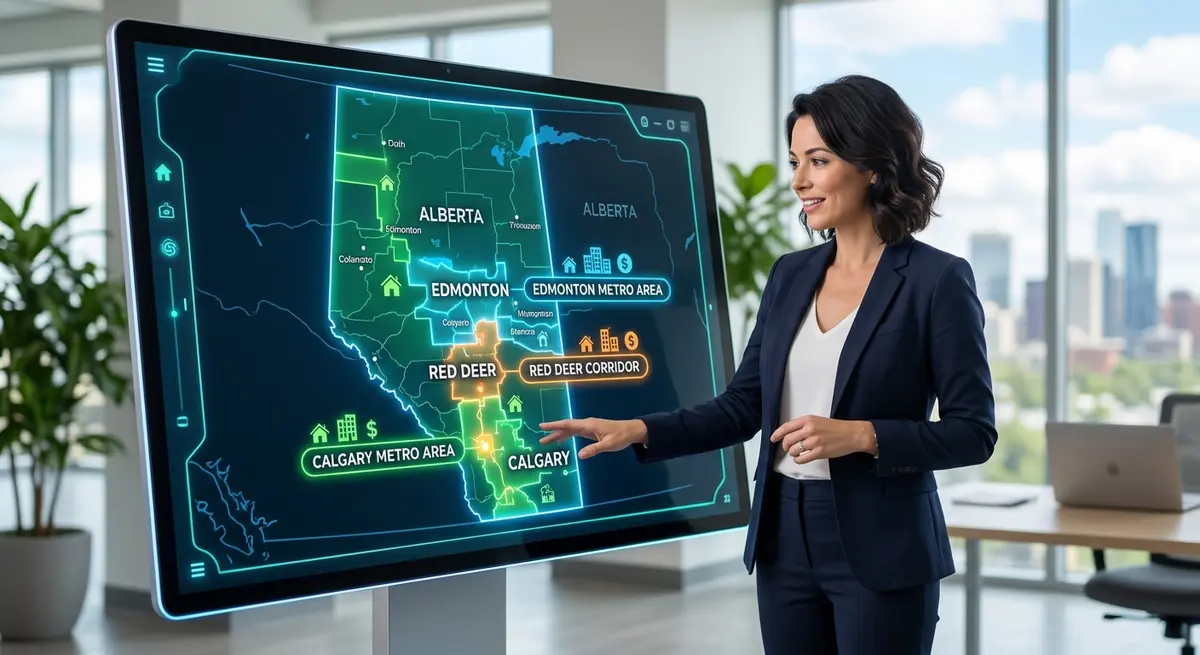 Map of Alberta highlighting diverse real estate investment zones including Calgary, Edmonton, and Red Deer