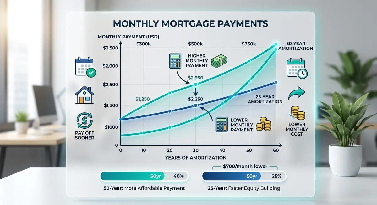 Graph showing the difference in monthly payments between 25-year and 50-year amortization periods